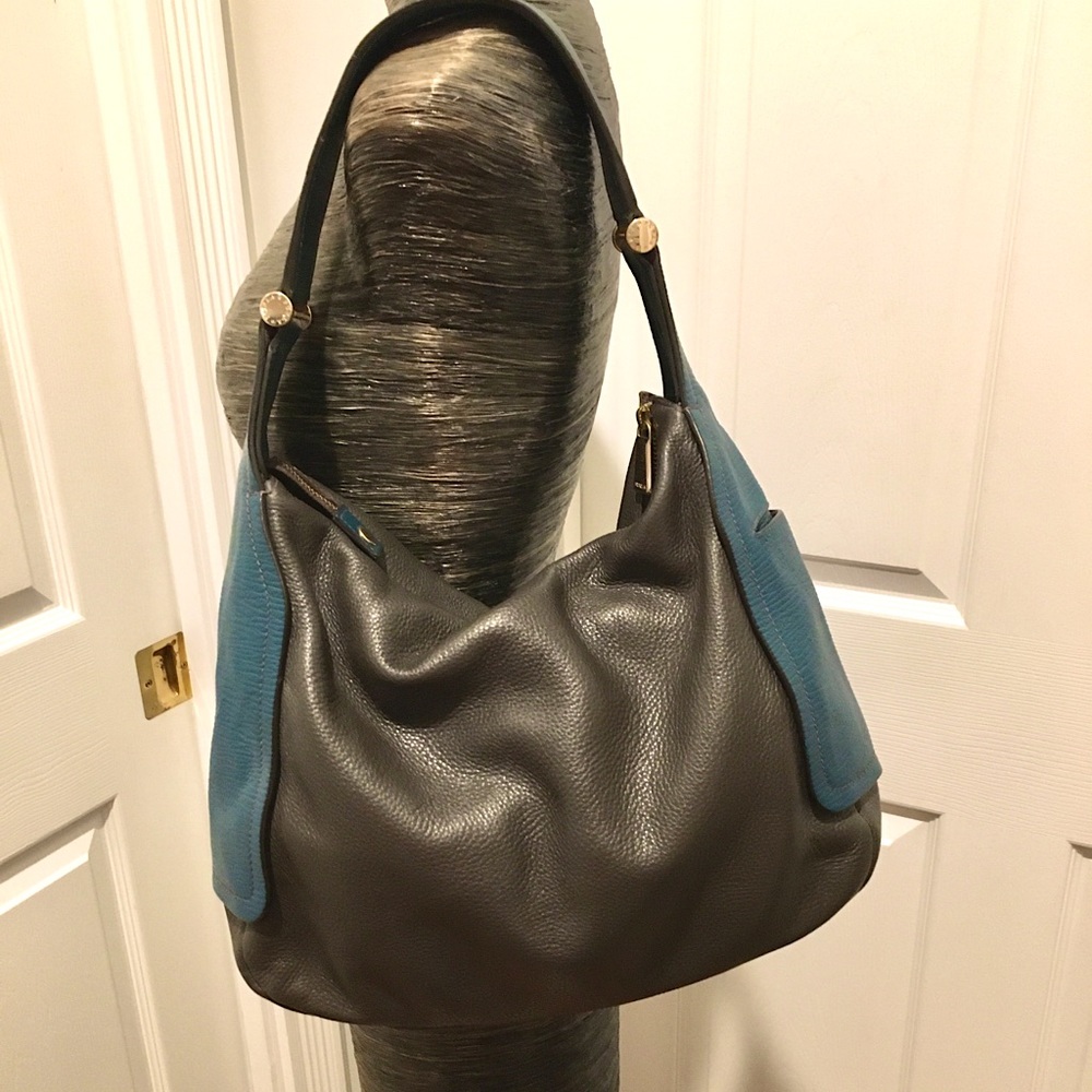 Furla teal and deep gray hobo leather shoulder bag